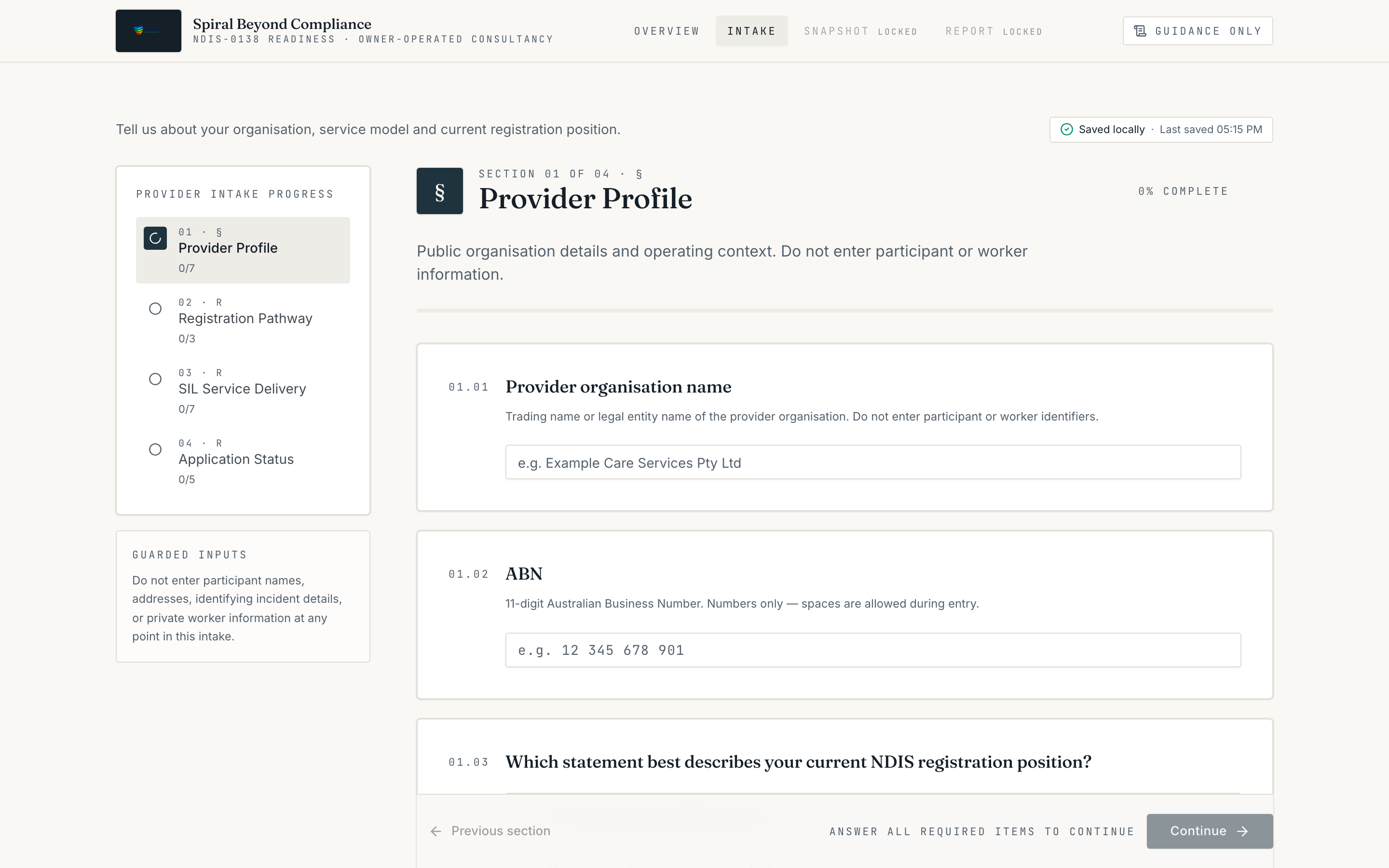 Illustrative Provider Profile intake