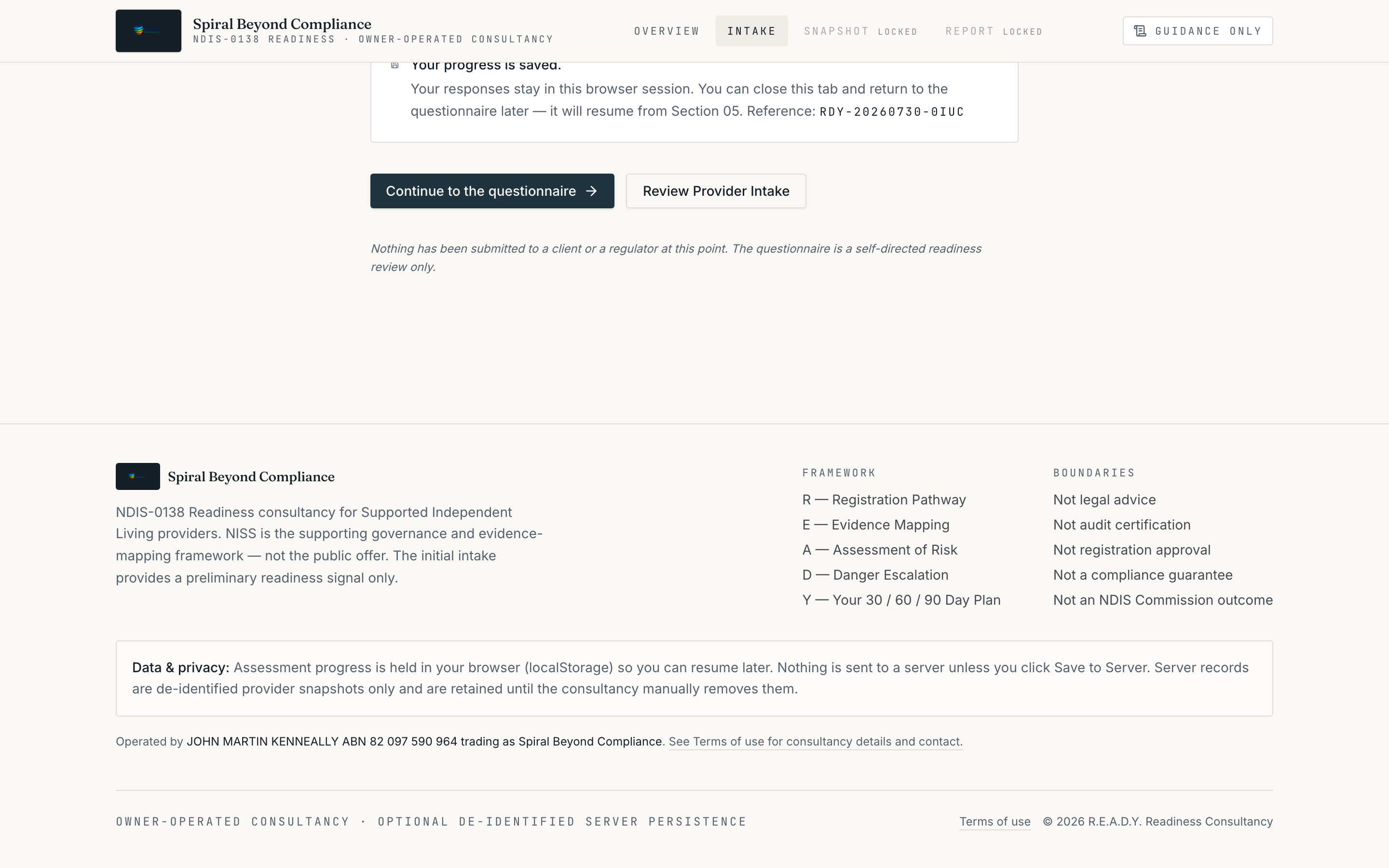 Illustrative Provider Intake completion screen