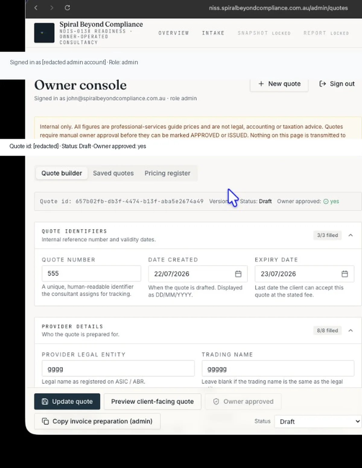 Illustrative Owner Console Quote Builder